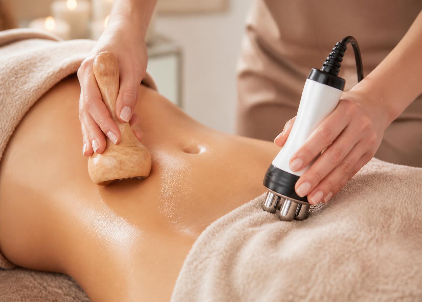 Wood therapy and radio frequency body contouring treatment in progress