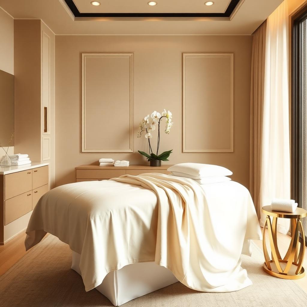 Luxury facial treatment room with ivory linens